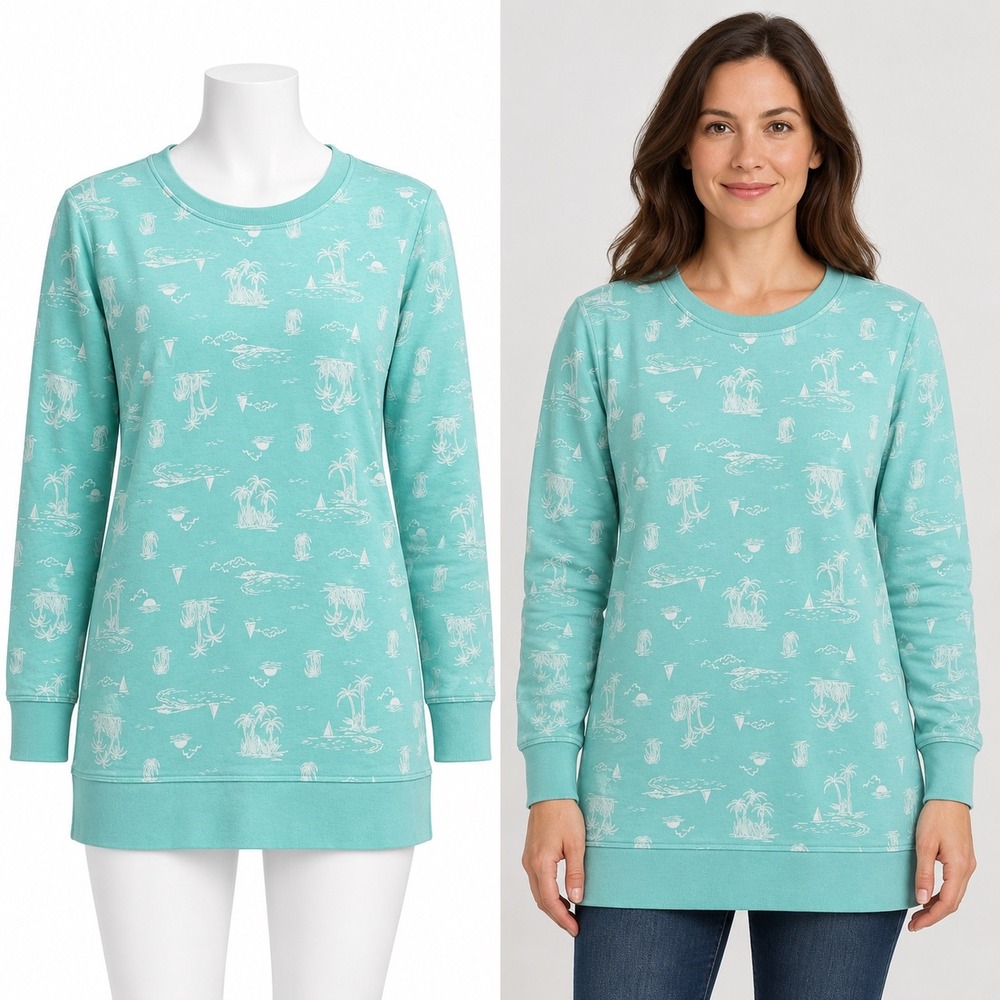 Lands' End Sweatshirt Tunic Women M 10-12 Aqua Tropical Island Sailboat Coastal
